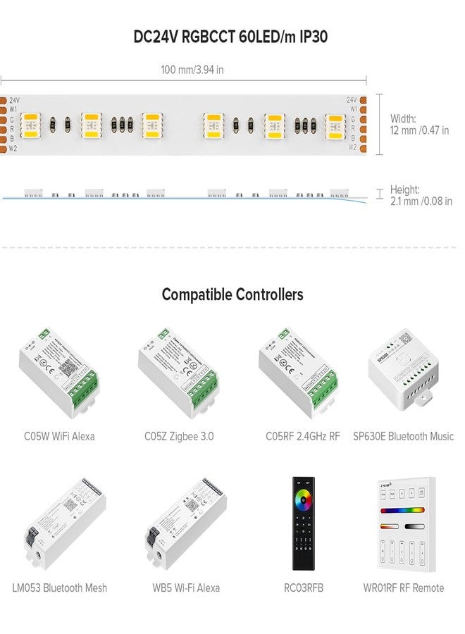 BTF-LIGHTING شريط إضاءة متعدد الألوان من BTF-LIGHTING RGBCCT، 5 ألوان في 1، LED 5050SMD RGBWW RGB+، قابل للتعتيم، درجة حرارة لون قابلة للتعديل من 2700K إلى 6500K، طول 16.4 قدم، 60 مصباح LED/متر، 300 مصباح LED، يعمل بجهد DC24V، مقاوم للماء والغبار IP30، لوحة دوائر بيضاء (بدون محول أو وحدة تحكم). - Image 3